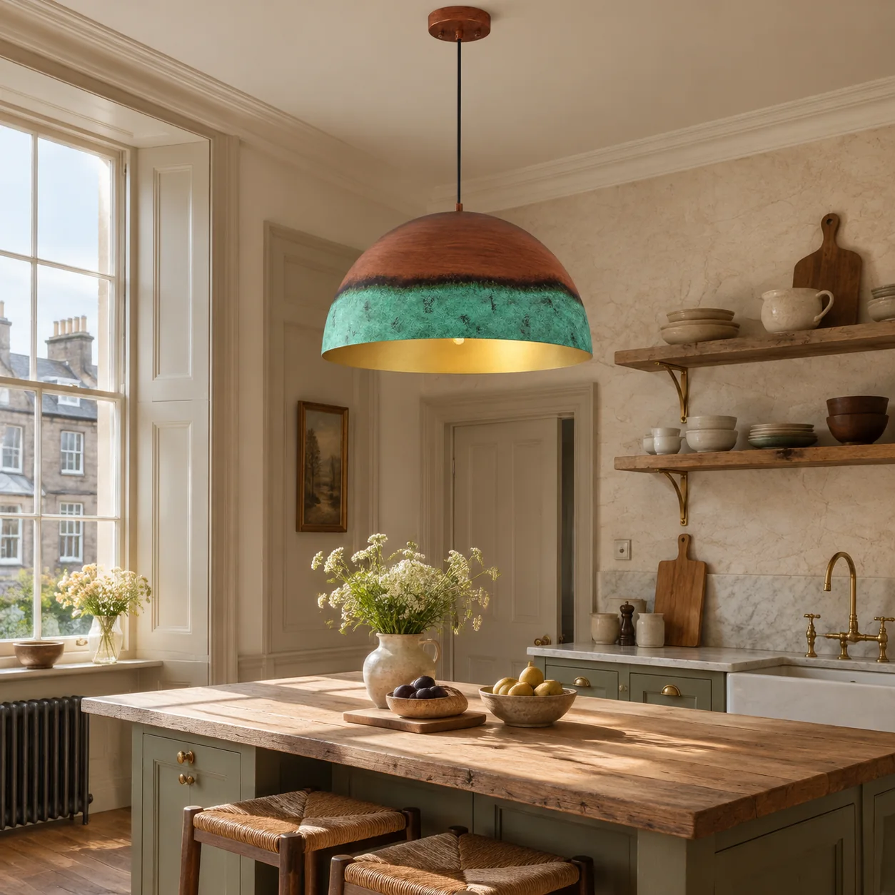 Copper Patina Dome Pendant with textured iron, a copper patina and a wide dome - New2609-1024556 scene 4