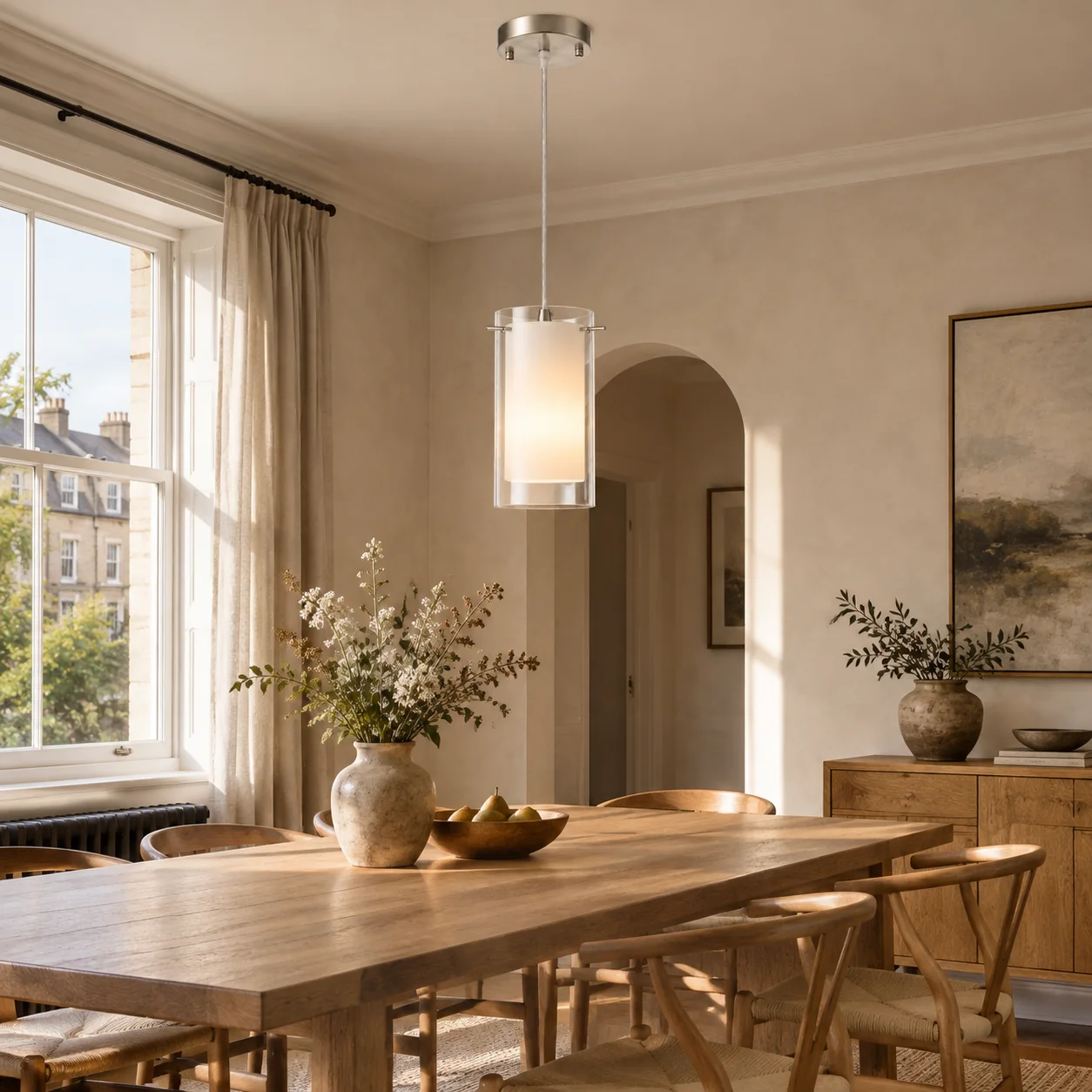 Double Glass Pendant Light with clear and white glass, a layered shade and a modern profile - New2609-1024586 scene 4