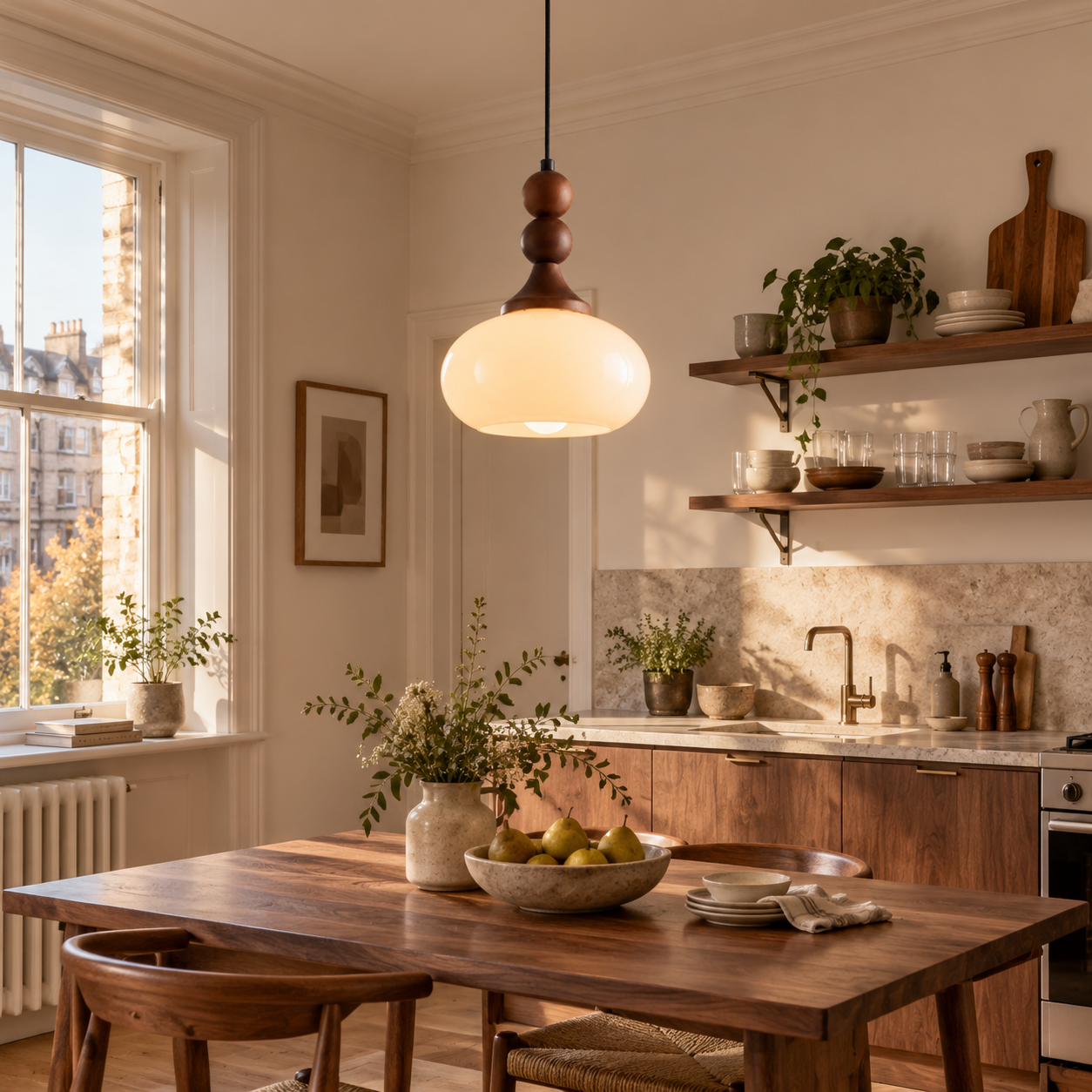Shaped Glass Pendant Light with brown or cream, turned wood details and a single drop - New2609-1024582 scene 4