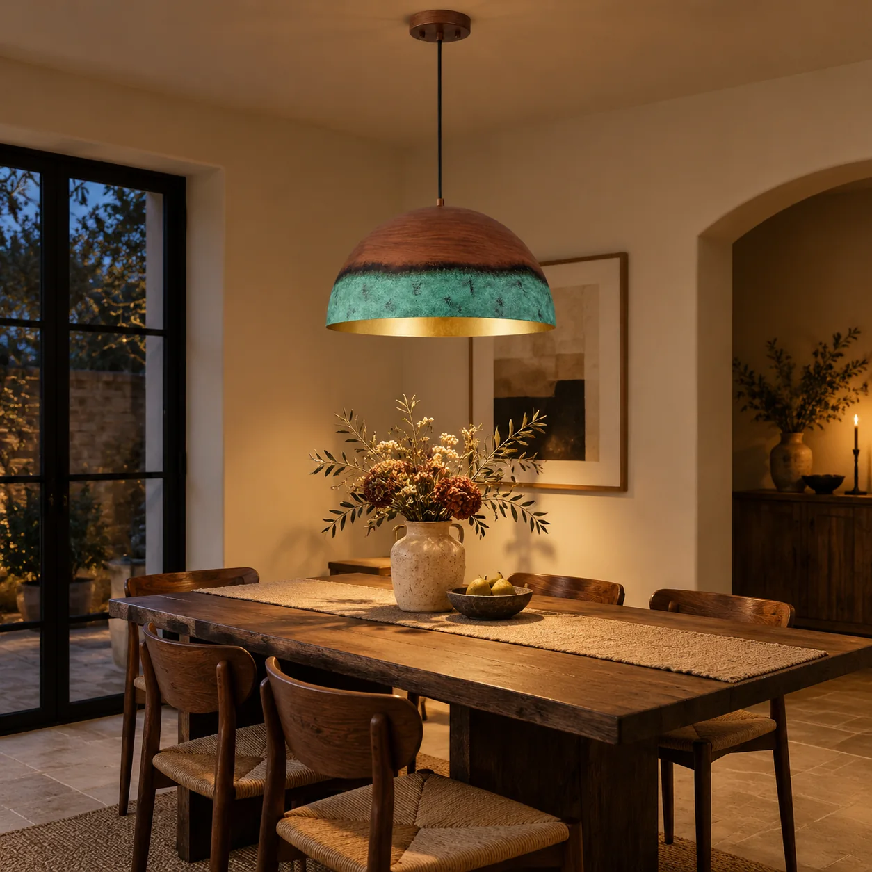 Copper Patina Dome Pendant with textured iron, a copper patina and a wide dome - New2609-1024557 scene 3