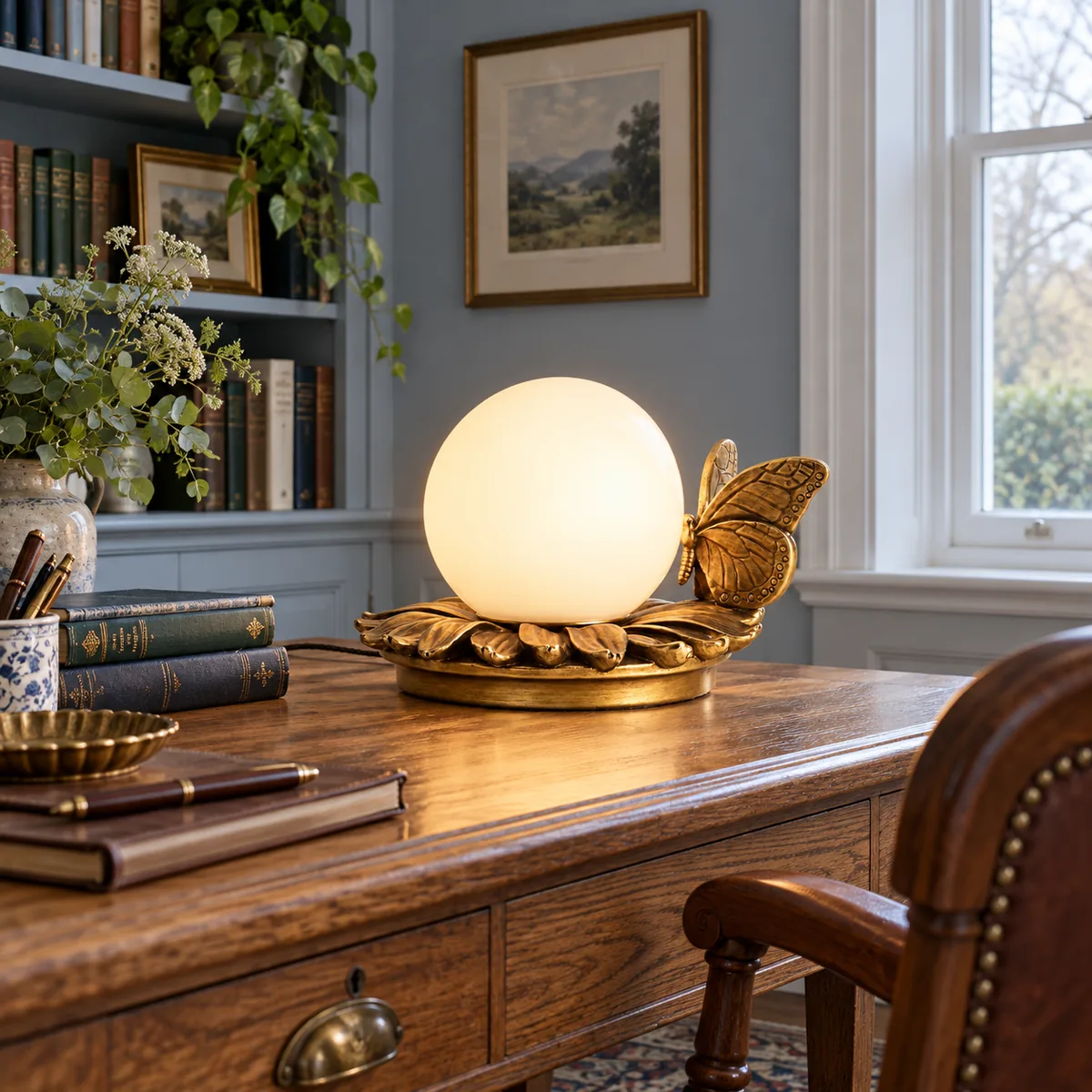 A Quiet Table Lamp with a Cast Butterfly