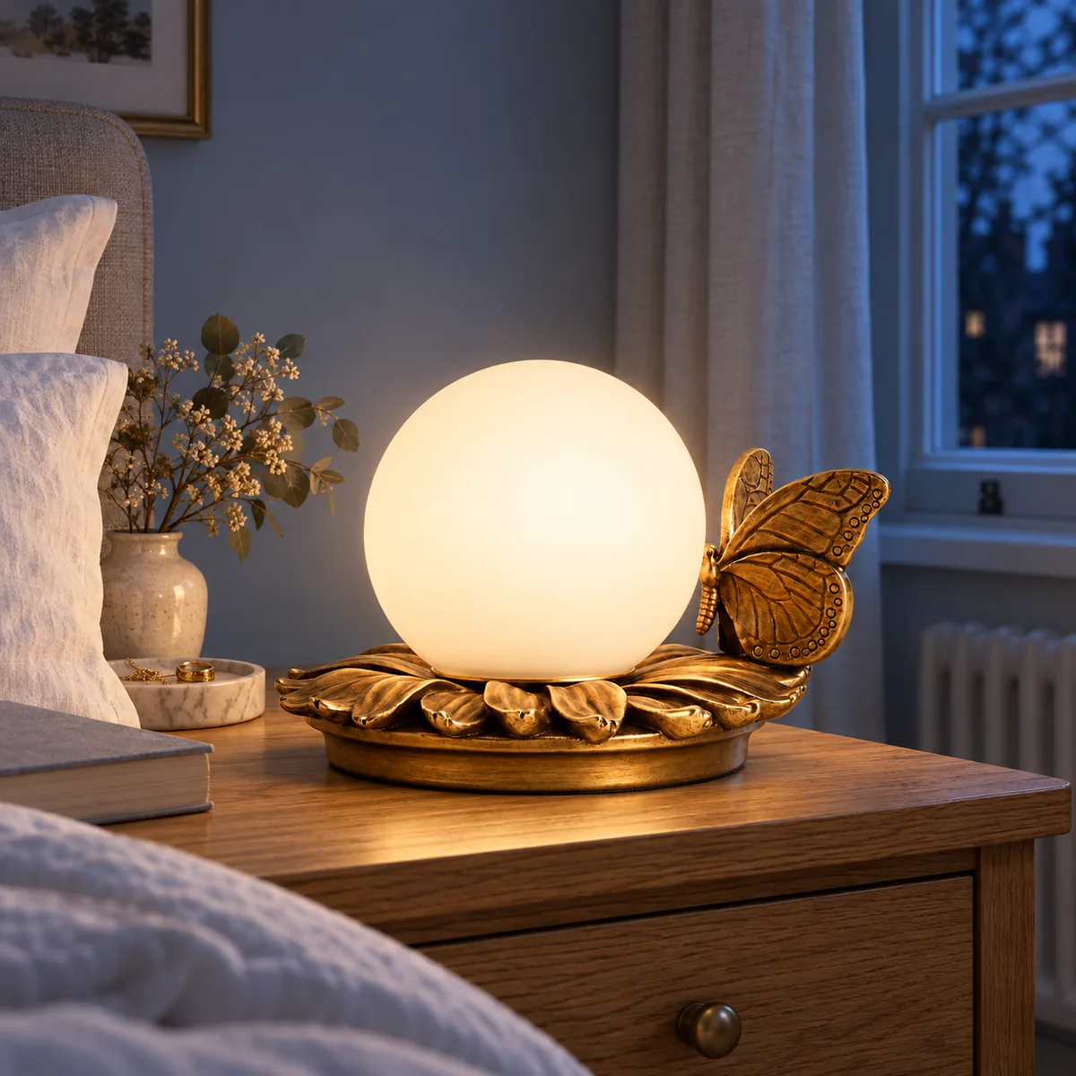 A Quiet Table Lamp with a Cast Butterfly