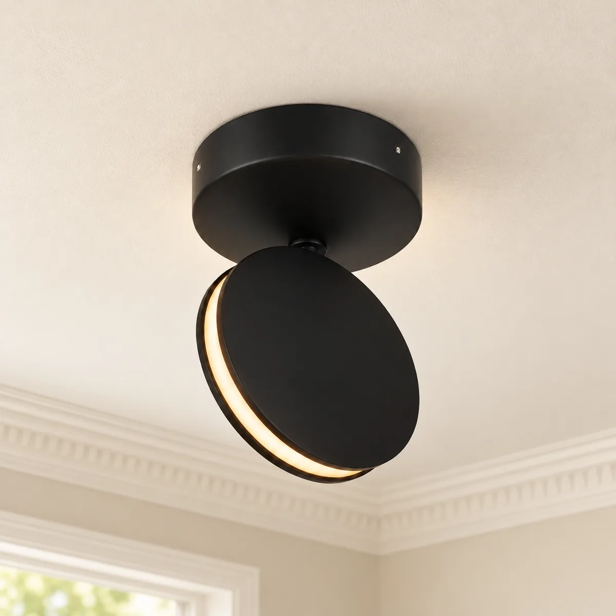 Black aluminium disc LED mounted on the ceiling