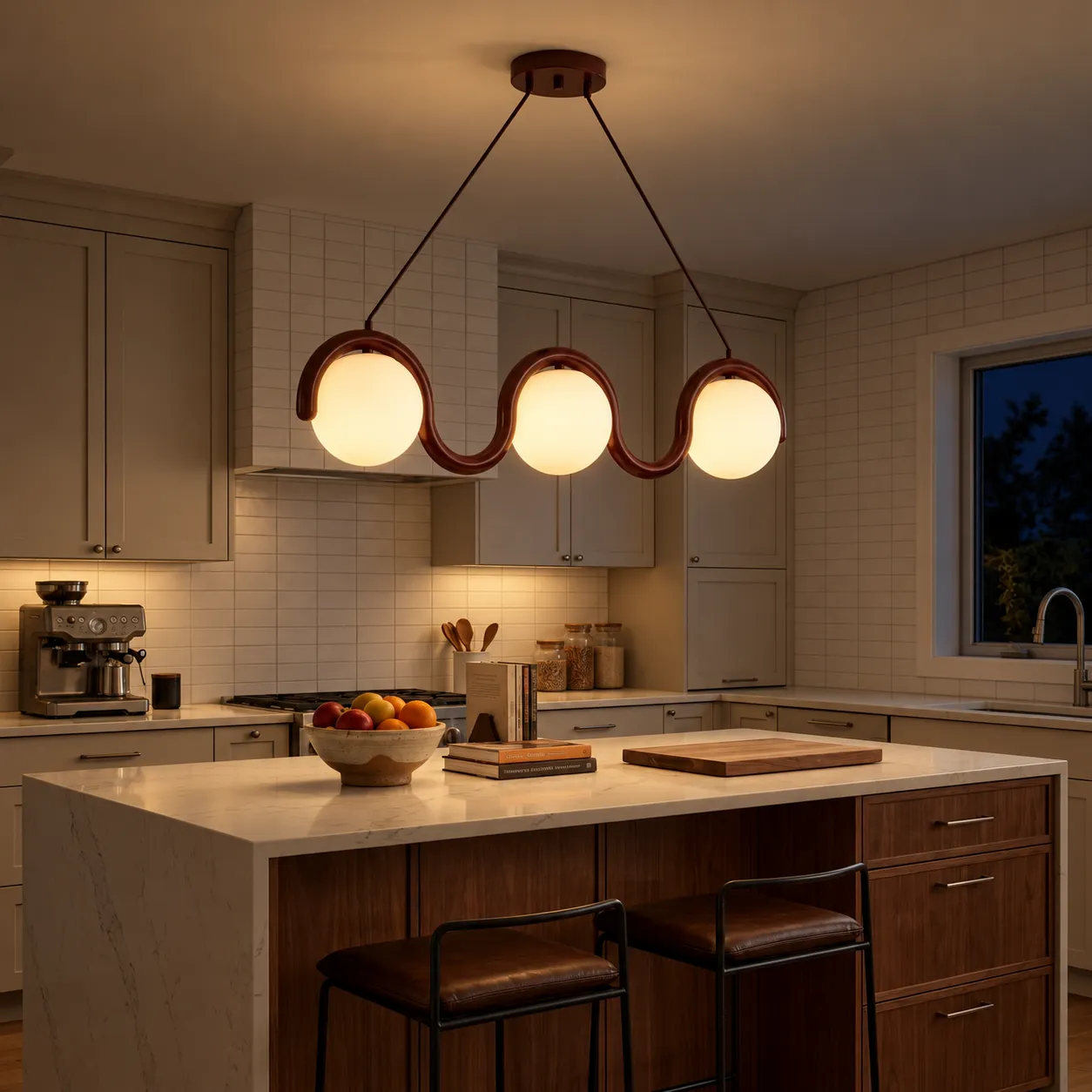 Three-globe Lenox pendant switched on at night