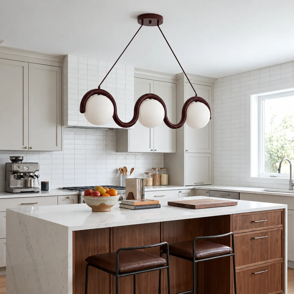 Three-globe Lenox pendant switched off in daylight