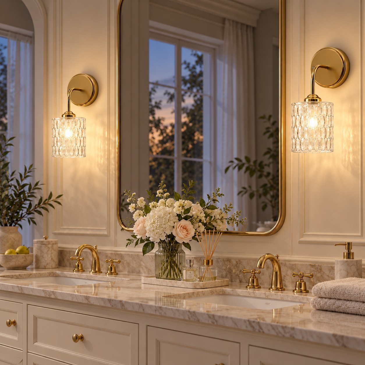Clear hammered-glass sconce on a marble vanity, lights on